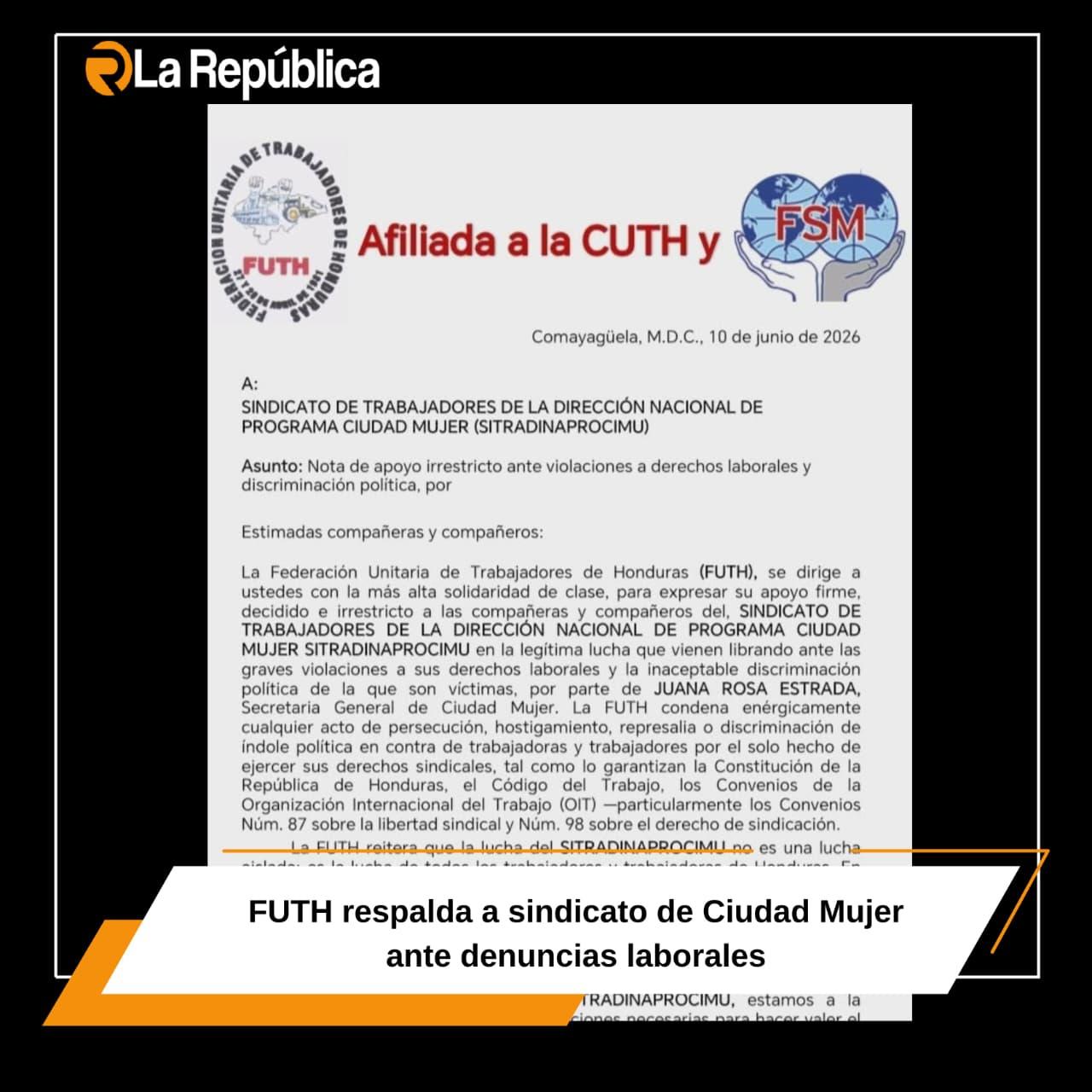 FUTH respalda a sindicato de Ciudad Mujer ante denuncias laborales. - Cover Image